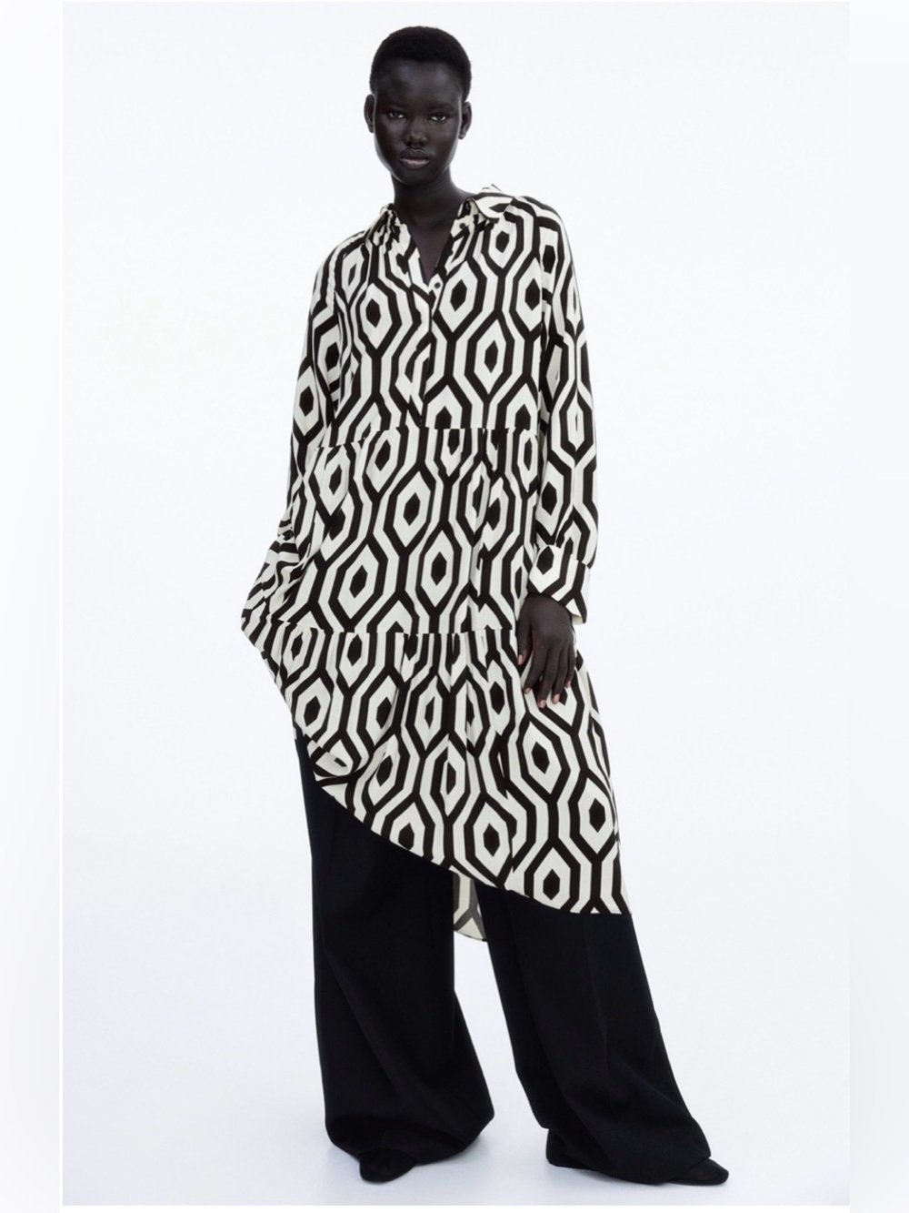H&M Black & White Geometric Tunic Midi Dress Sz Medium NWT